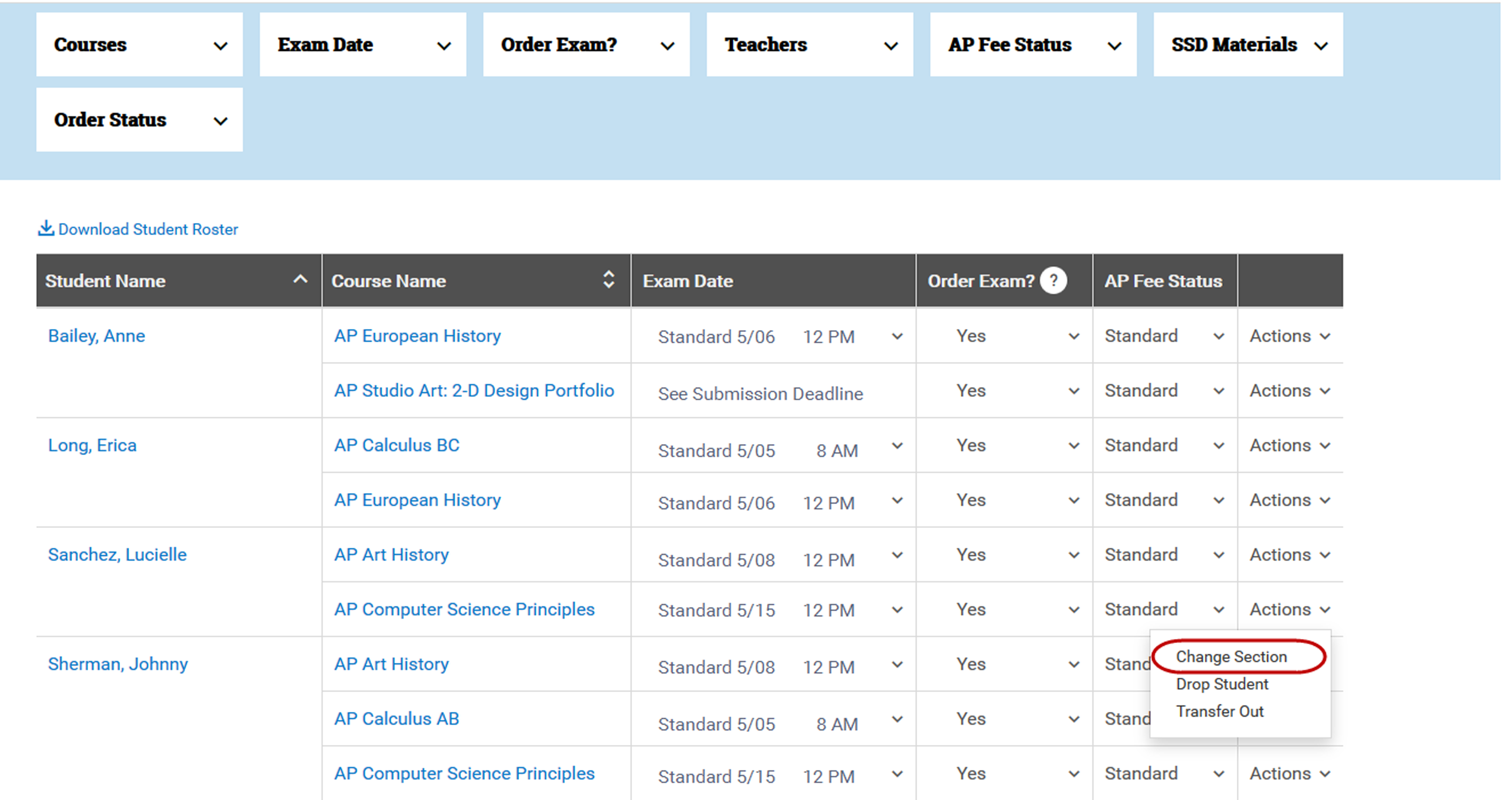 How do I move a student to a different class section for a course? AP